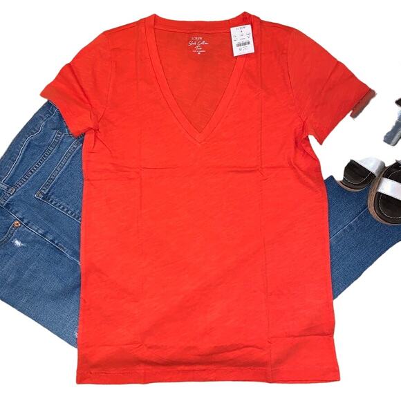 NWT J. Crew Brilliant Sunset Red/Orange Vintage Cotton V-Neck Tee - Picture 4 of 8